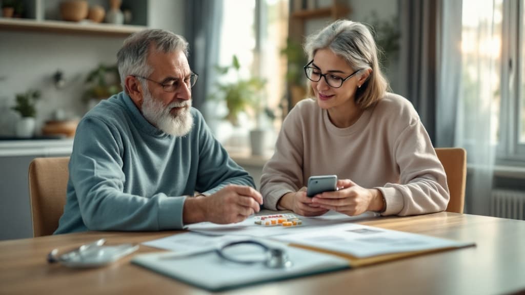Elderly couple managing health information together