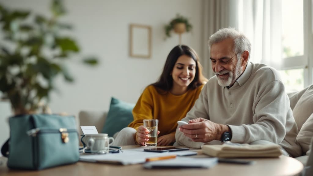 Family member helping an elder with health management